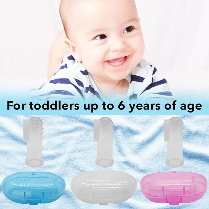 Gadgetime USA Baby Finger Toothbrush Set - Silicone Toddler Toothbrush with 3 Cases in Blue, Pink & Clear - Newborn Oral Massager