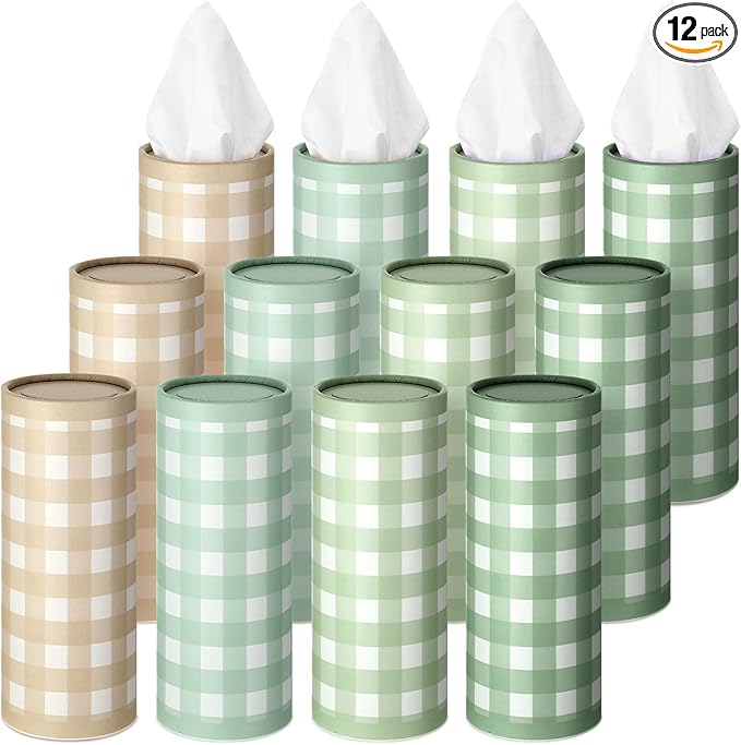 Fourluoo 12 Set Green Plaid Tissue Boxes for Car Cylinder Bulk Fresh Plaid Round Cylinder Holder with 3 Ply Facial Tissues for Spring Summer Travel Bathroom Office Decoration