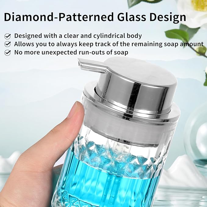 PLOUTA HOME Foaming Soap Dispenser,2 Pack Clear Glass Foam Hand Soap Dispenser for Bathroom, Refillable 8 Fl Oz Foamy Pump Bottle with Large Sliver Pump,Vintage Dish Soap Foam Dispenser