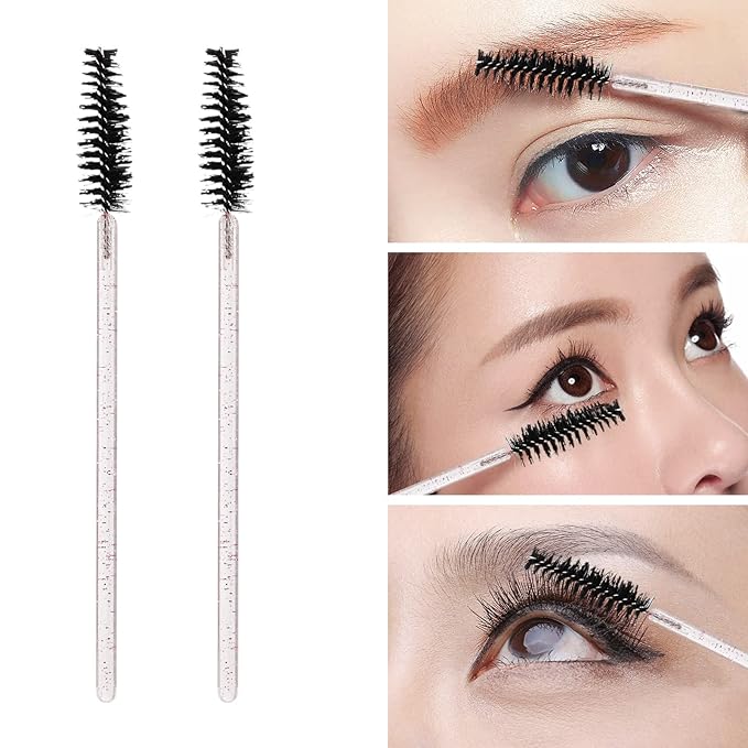 100 Pcs Disposable Mascara Wands, Crystal Eyebrow Spoolies Brush for Eyelash Extensions, Lash Brushes with Container (Black, Pink)