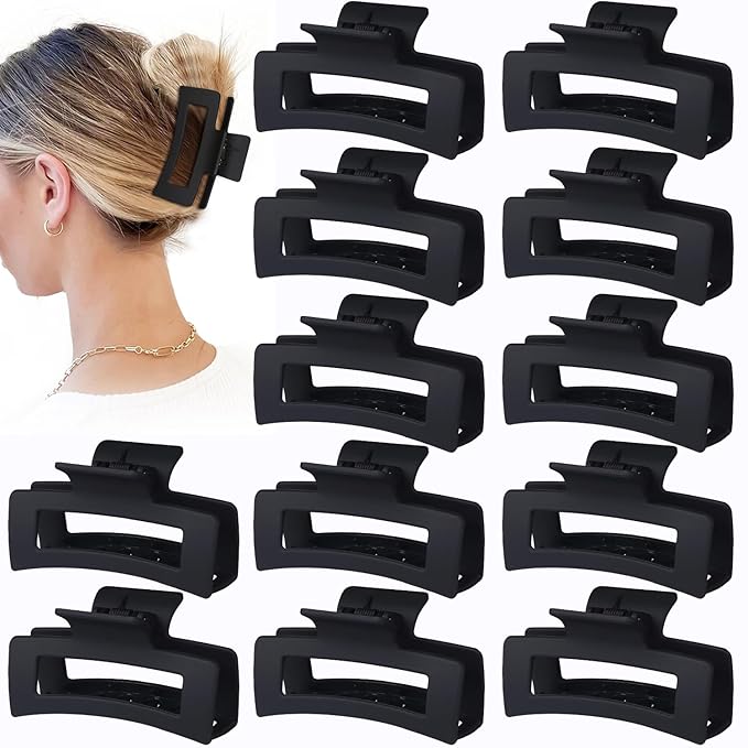 Sisiaipu 3.5 Inch Medium Hair Claw Clips 12 Pcs Square Claw for Thick and Thin Hair Rectangular Rectangle Hair Clips Jaw Clips Bulk Hair Accessories for women and Girls (Black)