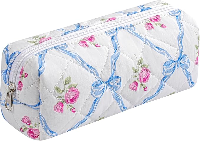 HHQQWZ Cute Floral Cotton Makeup Brush Cosmetic Bag for Women, Travel Quilted Zipper Make Up Bag, Flowers Toiletry Organizer Case Kawaii Makeup Cosmetic Travel Cloth Pouch (Blue Bowknot)