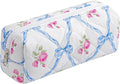 HHQQWZ Cute Floral Cotton Makeup Brush Cosmetic Bag for Women, Travel Quilted Zipper Make Up Bag, Flowers Toiletry Organizer Case Kawaii Makeup Cosmetic Travel Cloth Pouch (Blue Bowknot)