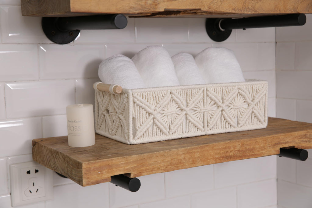 Nonam 2pc Macrame Storage Baskets, Boho Woven Boxes for Home Org, White