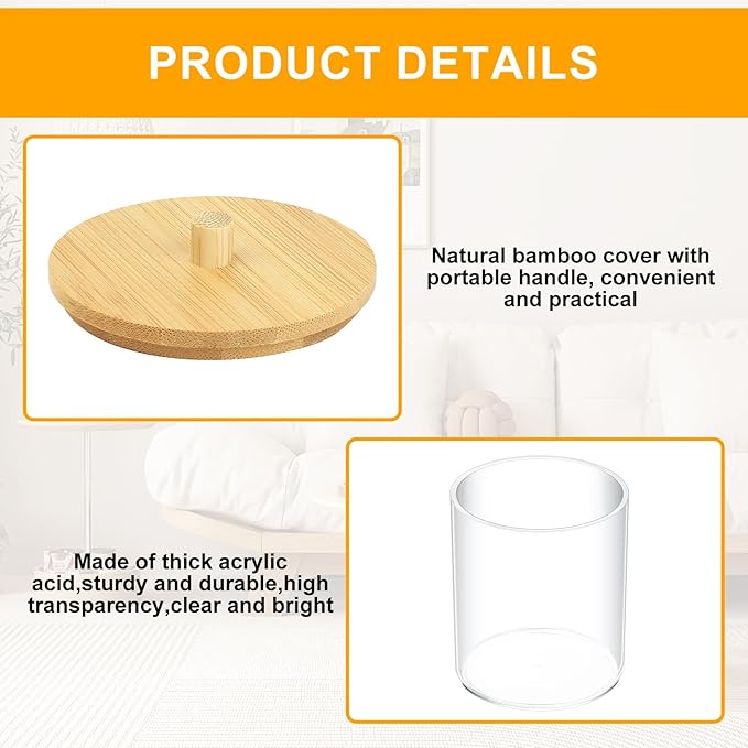 Fulushouxi 2 Pcs Qtip Holder, Cotton Pads Balls Dispenser Holders, Clear Cotton Swab Makeup Canister, Apothecary Jar Holder Organizer with Bamboo Lid for Bathroom Tabletop Vanity Makeup Storage Box