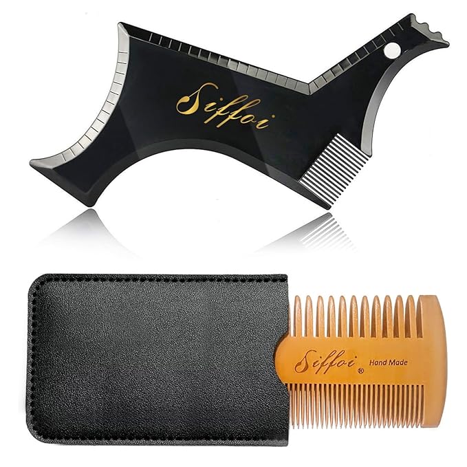 3PK Set Men's Beard Shaper Styling Tool with Pocket Wooden Comb & PU Cover
