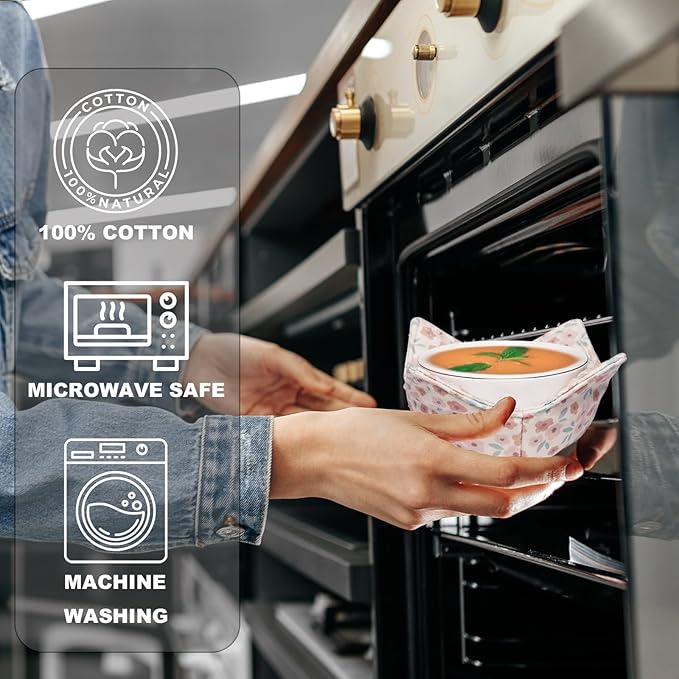 ROGITU Cotton Microwavable Bowl Cozy, Microwave-Safe Hot Bowl Holders, Soup bowl Cozy Hot Pads (Floral)