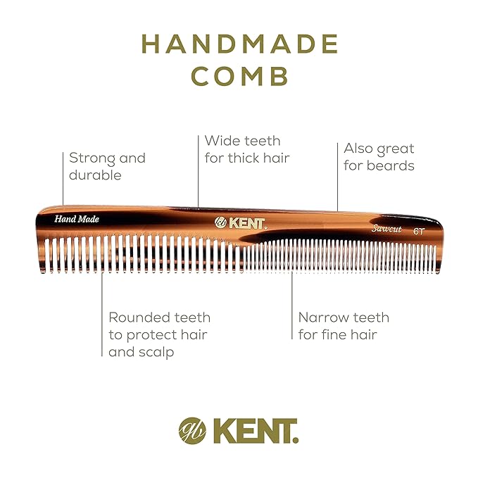 Kent 6T Fine Tooth and Wide Tooth Hair Comb, Handmade Styling Comb for Hair Care, Barber Combs, Beard Combs For Men, Styling Grooming for Men, Women and Kids