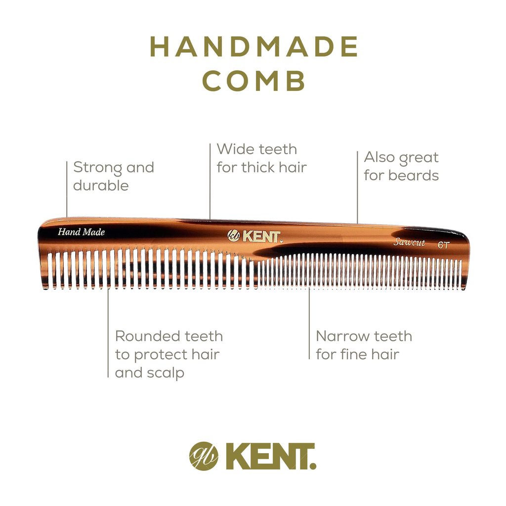 Kent 6T Fine Tooth and Wide Tooth Hair Comb, Handmade Styling Comb for Hair Care, Barber Combs, Beard Combs For Men, Styling Grooming for Men, Women and Kids