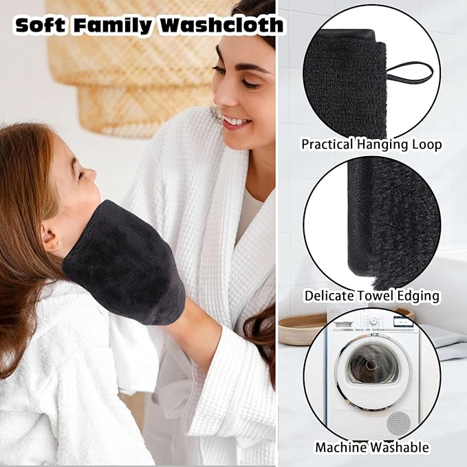 PHOGARY 6 Pack Microfiber Face Washcloths Facial Wash Mitts, 7.8"x5.1" Soft Flannel Towel for Washing Face, Reusable Makeup Remover Absorbent Easy-Dry Puffy Washcloths with Hanging Loop, Black