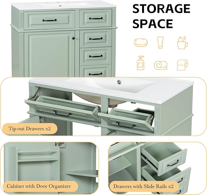 Harper & Bright Designs 36" Bathroom Vanity with Sink, Free Standing Vanity Set with 4 Drawers, Storage Racks, and Adjustable Shelf, Wood Bathroom Cabinet with Ceramic Basin for Bathroom, Green