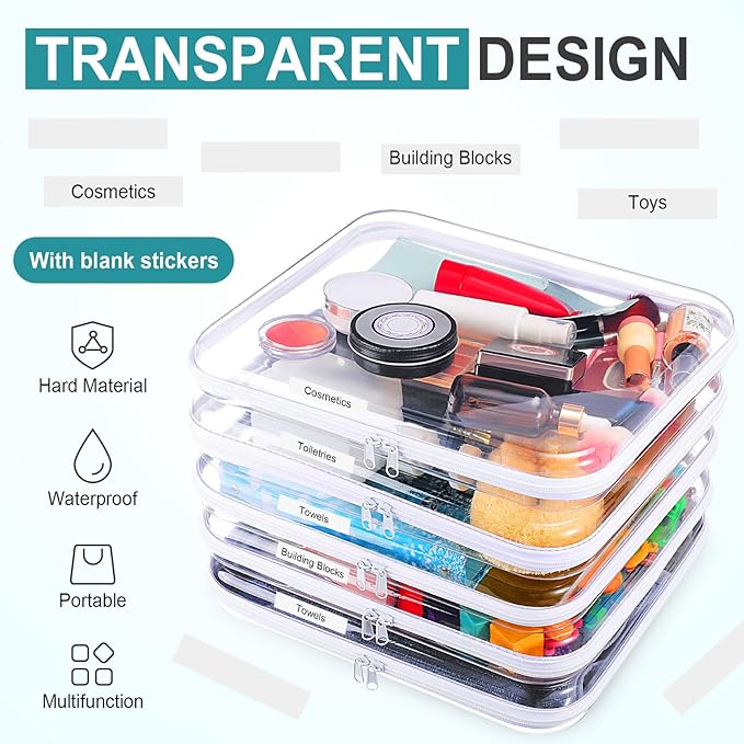 Sanwuta 10 Pcs Hard Zipper Case Clear Hard Pouches Plastic Zipper Pencil Portable Box Toy Storage Bins Plastic Container for Travel Toiletry Office Cosmetic Block Puzzle Organizer (L,Clear)