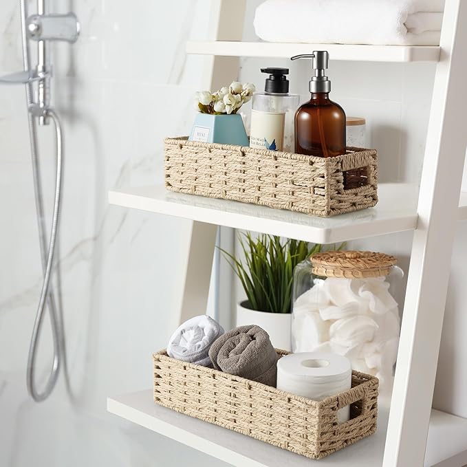 dreamkey Set of 2 Wicker Toilet Paper Storage Baskets, Hand-Woven Paper Rope Bathroom Organizer for Toilet Tank Top & Countertop, Decorative Nesting Baskets with Handles, Beige