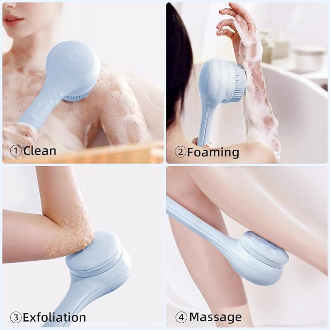 Oh,XIYU. Electric Body Brush Back Scrubber for Shower, Waterproof Long Dual Handle Power Body Scrubber with 3 Heads, Bath Brush & 2 Speeds, for Cleansing, Exfoliating and Massaging Skin, Sky Blue