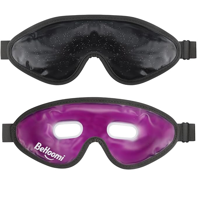 BeHoomi 2Packs Cooling Eye Masks, Ice Eye Mask Cold Compress for Eyes, Reusable Cold Gel Eye Mask for Eye Relaxation, Comfort Snug Fit, Eye Cover for Home, Office, Black & Purple