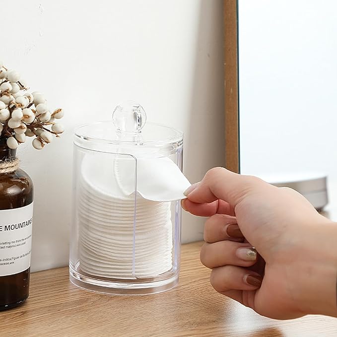 AkoSlale 10oz Cotton Round Holder with Lid - Clear Plastic Cotton Pad Dispenser for Bathroom Vanity, Shatterproof Countertop Organizer Apothecary Jar for Makeup Remover Pads & Skincare Routine