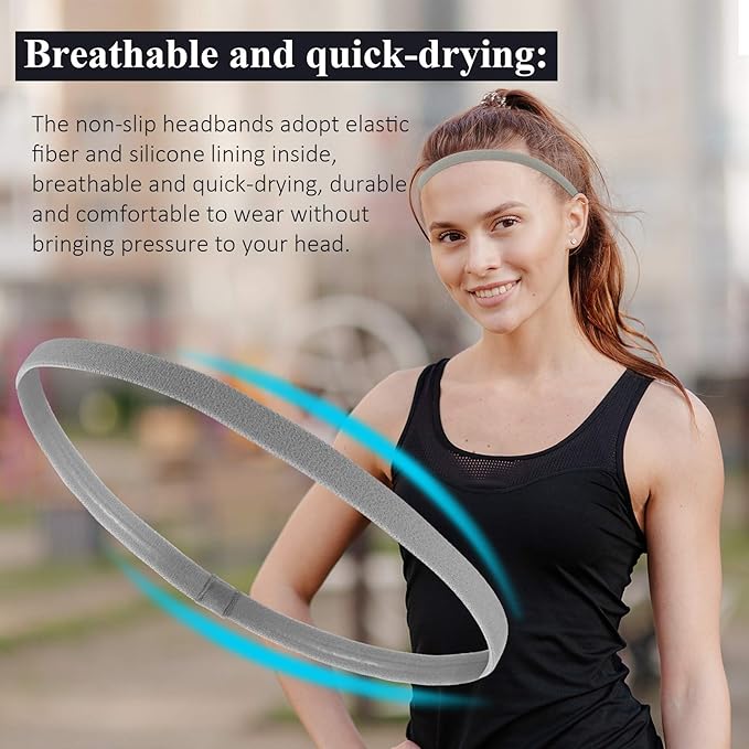 Bememo 4 Pieces Thick Non-Slip Elastic Sport Headbands Hair Headbands for Women and Men (Gray)