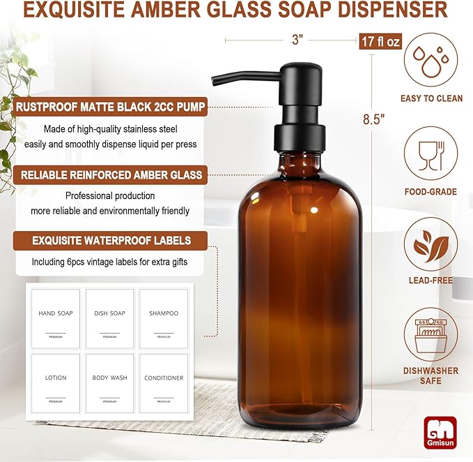 GMISUN Amber Glass Soap Dispenser, 6 Pack Bathroom Hand Soap Dispensers with Stainless Steel Pump, 17 Fl Oz Kitchen Hand and Dish Soap Dispenser Set, Modern Vintage Liquid Brown Soap Dispensers Bottle