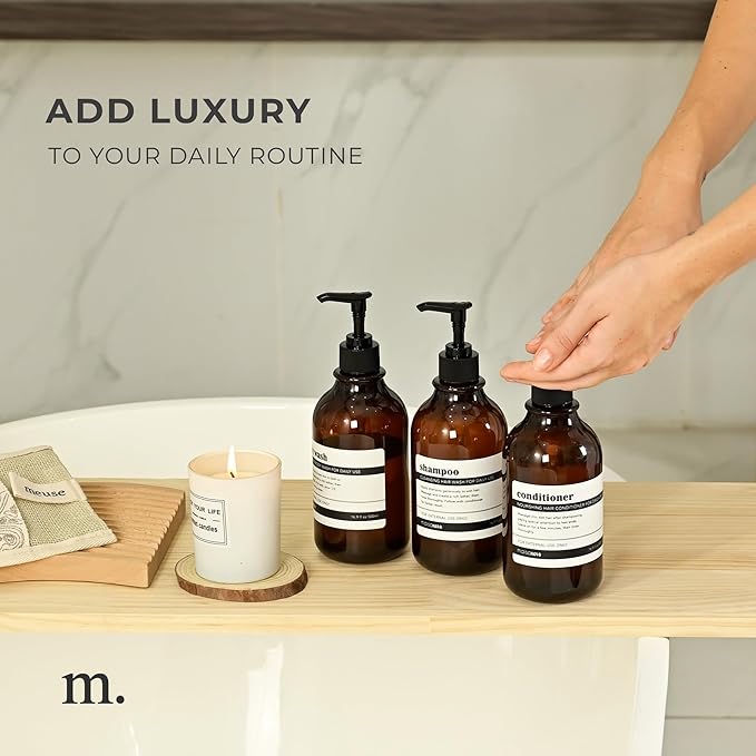 Shampoo and Conditioner Bottles Set of 3 Amber Black – Shower Shampoo Dispenser – Hotel Style Bathroom Upgrade by MaisoNovo