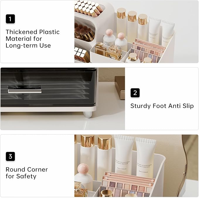 UFORU Makeup Organizer for Vanity with Brush Holder, Large Capacity Bathroom Countertop Skincare Organizer with 2 Drawers, Cosmetic Display Case for Perfumes, Eyeshadow Palettes, Nail Polishes