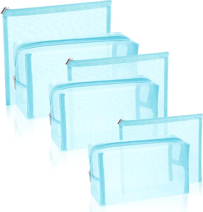Boao 6 Pieces Mesh Makeup Bags Mesh Cosmetic Bag Portable Travel Organizing Zipper Pouch Toiletries Makeup Pouches for Home Office Travel Accessories(Light Blue)