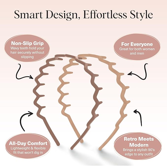 Kitsch Zig Zag Headbands for Women – Fashion Accessories for Slicked Back Styles - Comfortable Wavy Headbands | Comb Headband with Teeth - Neutral - 2 pcs
