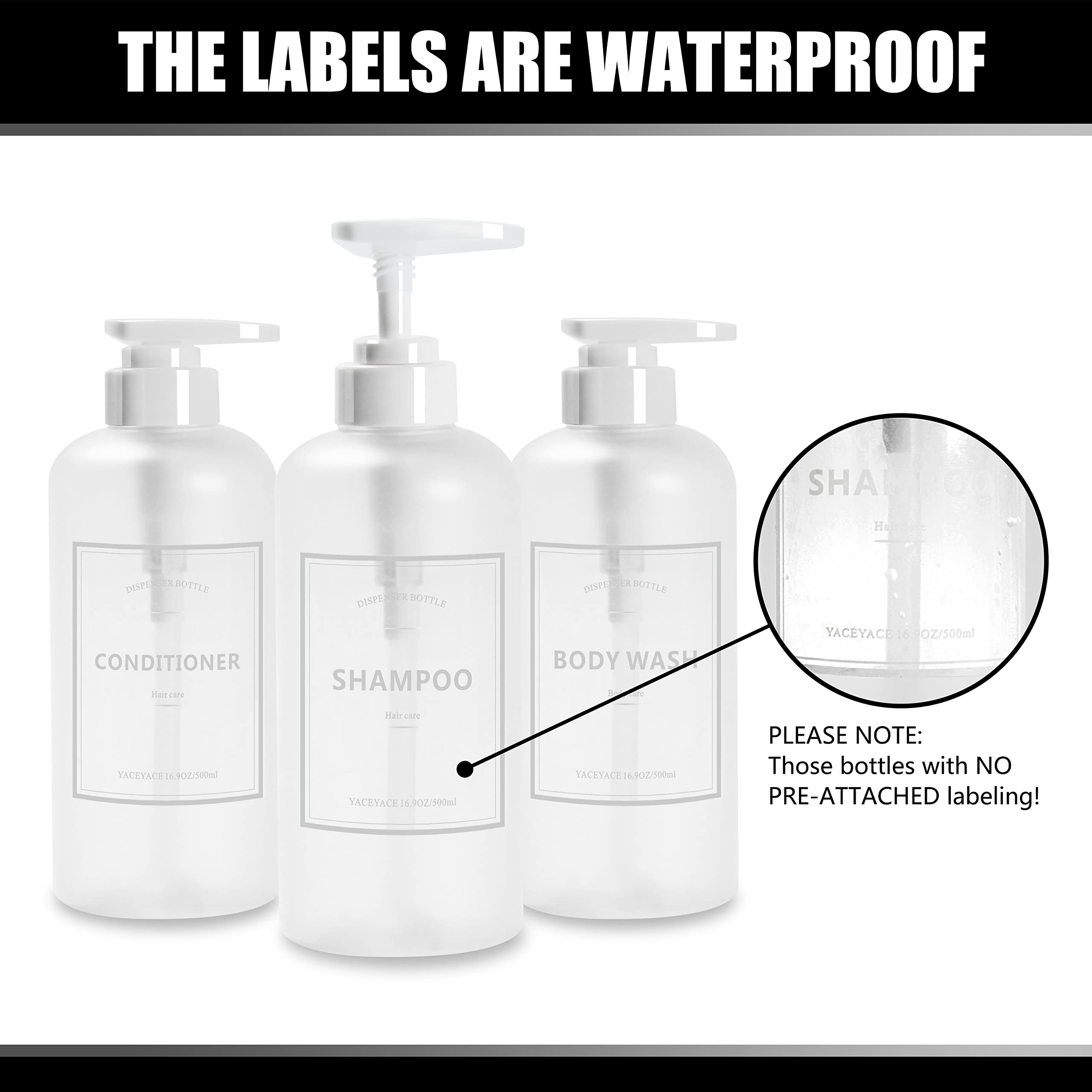 Shampoo Bottles Refillable with Pump, YACEYACE 3Pcs 16.9oz Matt Clear Empty Shampoo Dispenser, Shower Soap Dispenser, Refillable Shower Bottles with Labels, Conditioner Dispenser