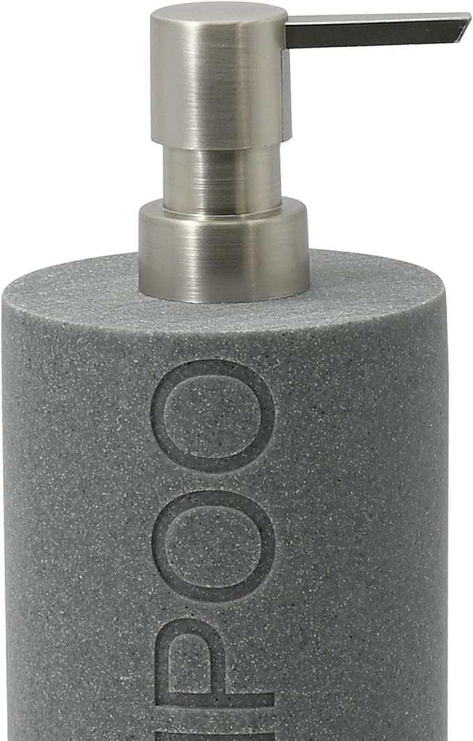 Indecor Home Resin Neutral Gray Sandstone Shampoo Engraved Bottle Refillable Pump Dispenser, Durable Waterproof Resin Construction for Bath, Shower - Gray Sandstone Satin Nickel Pump
