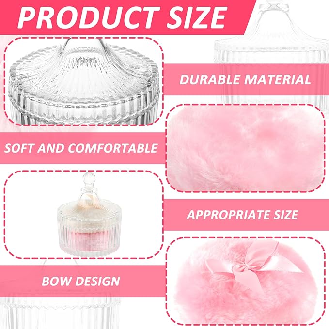 6 PCS Large Body Powder Puff and Container, 2 Pack 5.3" Body Powder Container with 4 Powder Puff,Washable Large Body Powder Puff Dish,Powder Puff Crystal Container,Soft Velour Face Body Powder Puff