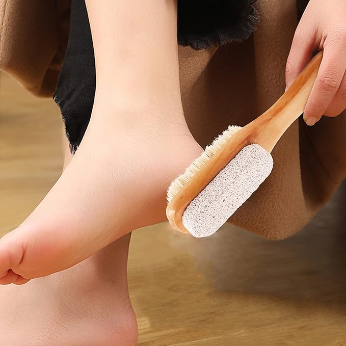 Natural Soft Bristle Foot Brush and Pumice Stone Combo with Wooden Handle, Exfoliator Pedicures Calluses Dead Dry Skin Remover Scrubber Scrub Brush for Shower Massage SPA Sauna