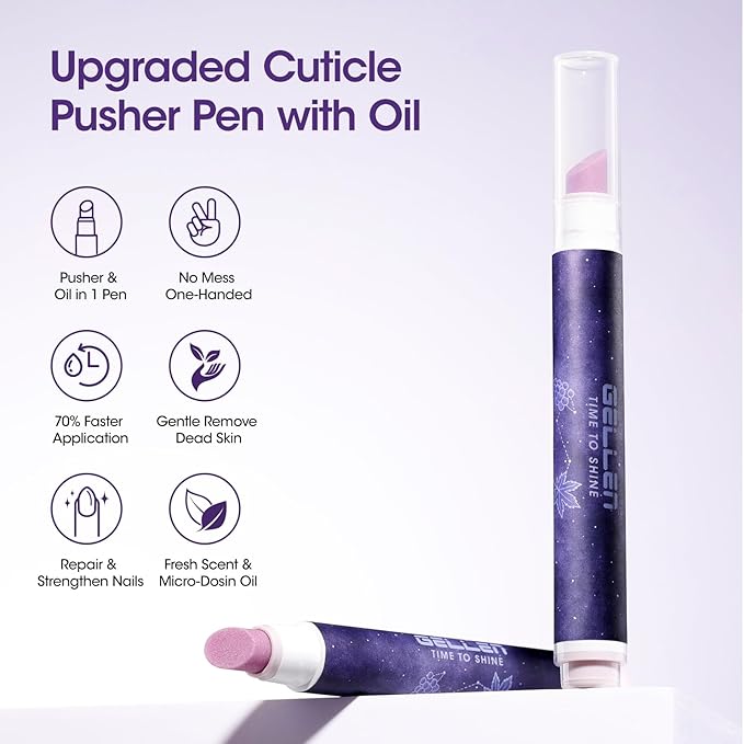 Gellen 4-in-1 Cuticle Pusher Pen with Micro-Dosing Oil, Cuticle Remover & Cuticle Oil Pen for Softening & Hydrating Nails, Ceramic Nail Pusher Tool for Exfoliation, Home Salon Manicure Cuticle Pen