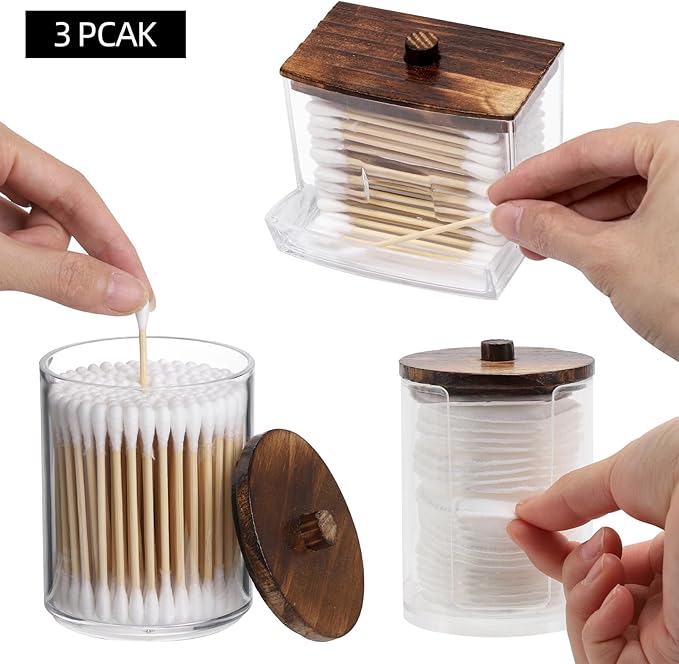 Tbestmax 4 Pack Qtip Holder Dispenser, 10/7oz Bathroom Container for Cotton Ball Cotton Swabs Pads, Apothecary Jar with Wood Lids for Organizer and Storage (Brown)