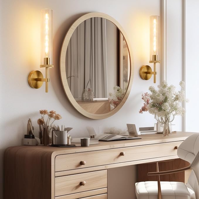 19.5" Knurled Gold Hardwired Wall Sconces Set of 2, Bathroom Vanity Light Fixtures with Clear Glass Tube, Modern Lamp Lighting for Bedroom, Living Room, Hallway, Staircase, Mirror, Kitchen