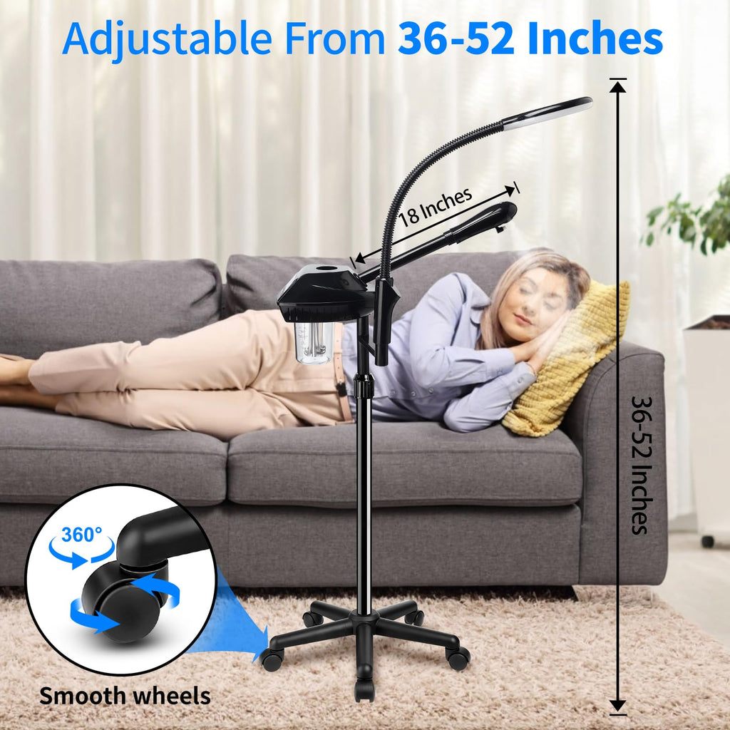 Professional Facial Steamer on Wheels, 2-in-1 Facial Steamers with 5X Magnifying Lamp, Facial Steamer for Facial Deep Cleaning and Hydration, Facial Humidifier for Spa, Salon and at Home Use