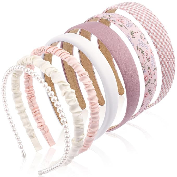 VELSCRUN 7 Pcs Different Headbands for Women Fashion Pink Solid Head Bands Pearl Headband Non Slip Hair Band for Womens Thin Thick Short Hair Face Wash Hair Accessories Gifts for Women Gilrs