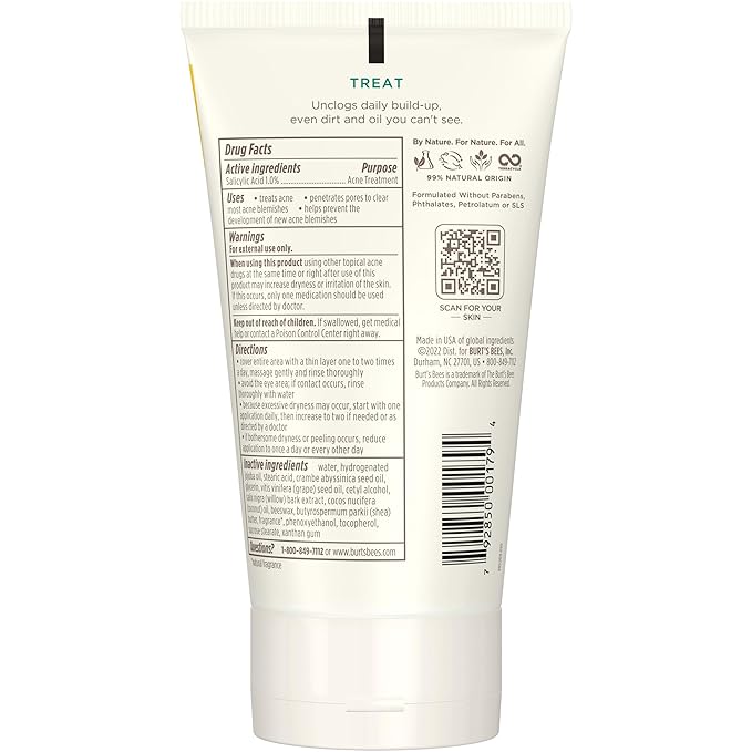 Burt’s Bees Clear and Balanced Deep Cleansing Acne Scrub, Salicylic Acid Acne Treatment with Cica, Facial Cream Exfoliator Helps Unclog Pores and Reduce Acne, 4 Oz