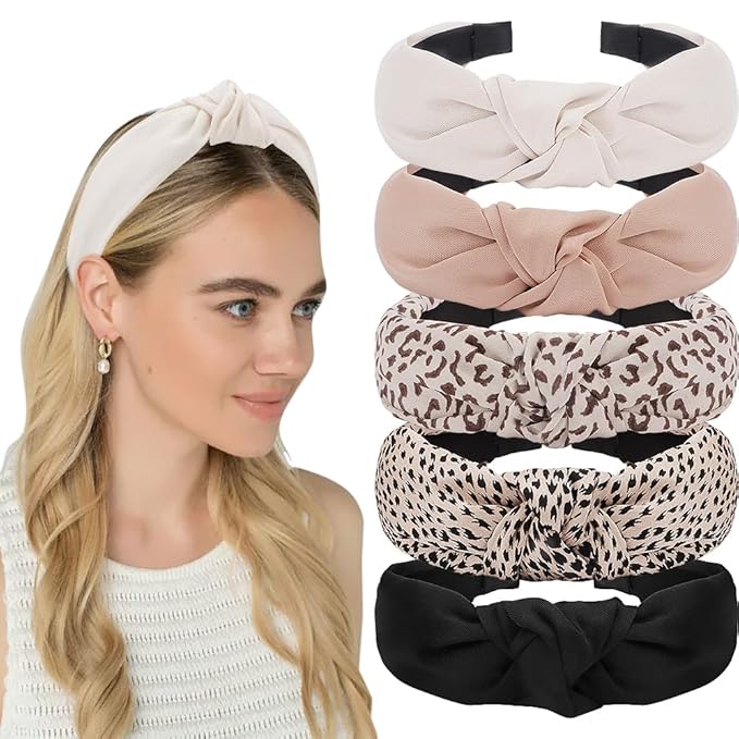AHONEY 5 Pack Knotted Headbands for Women Trendy Fashion Thick Headbands Top Knot Non Slip Cute Hair Accessories Multi-style Headband Pack Diademas Para Mujer (Neutral)