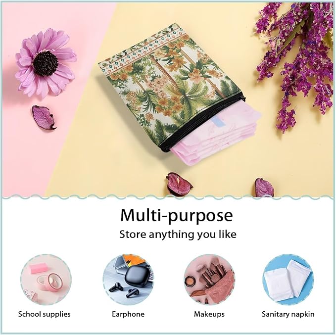 Novelty Printed Coconut Tree Period Pouch Waterproof Sanitary Pad Holder for Women Convenient Period Organizer for Work Daily