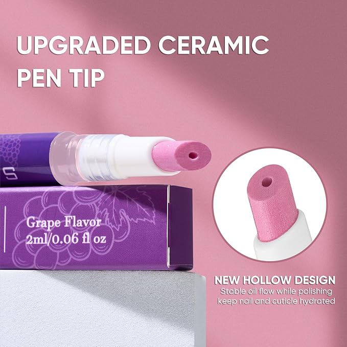 SASSYTIP Ceramic Cuticle Pusher & Oil Pen, 2ml Rose + Grape Scented Nail Care Pen, Gentle Cuticle Remover for Dry & Damaged Nails, Moisturize Strengthen Brighten (Pink3.0&Grape3.0)