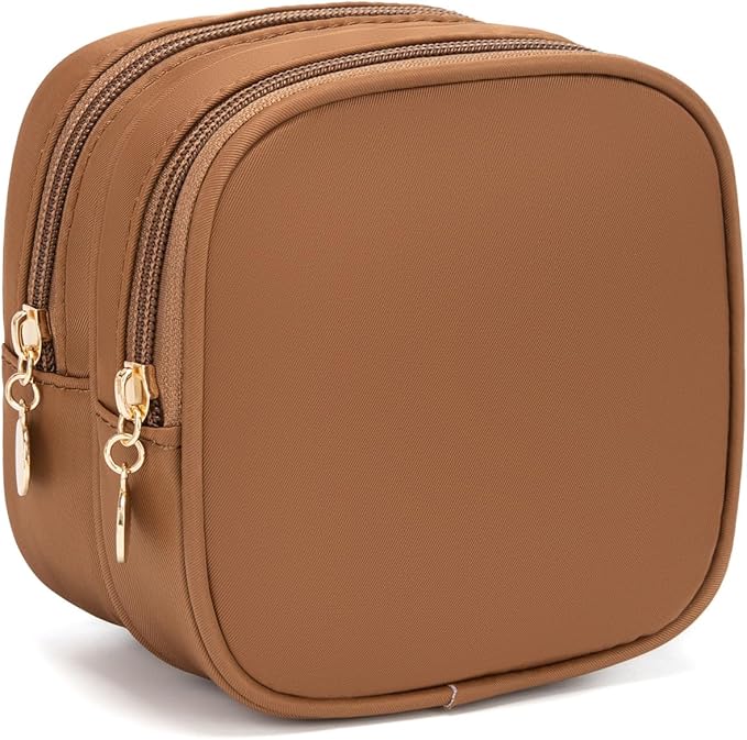 XIAOLER Small Makeup Pouch, Double Zipper Cosmetic Bag, Travel Makeup Bag, Cute Makeup Bag for Purse, Mini Toiletry Bag (Chocolate)