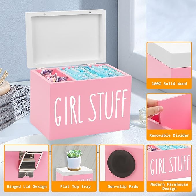 Tampon Holder for Bathroom, Feminine Product Organizer Pad Case Holder with Lid Feminine Hygiene Pad and Tampon Period Organizer for Bathroom Accessories Box Girl Stuff (Pink)