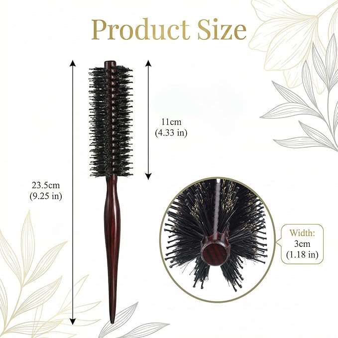Roller Brush for Blow Drying, Natural Boar Bristle Round Brush Portable Mini Roller Hairbrush with Wooden Handle for Women Men's Beard Fine Thin Hair Straightening Curling Volumizing Detangling