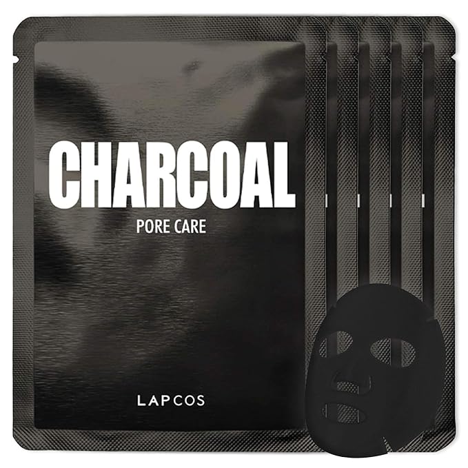 LAPCOS Charcoal Sheet Mask - Pore Refining & Gently Exfoliating Face Masks with Salicylic Acid and Tea Tree Oil to Purify & Tighten Skin - Highly Breathable Sheet - Korean Skin Care (Pack of 5)