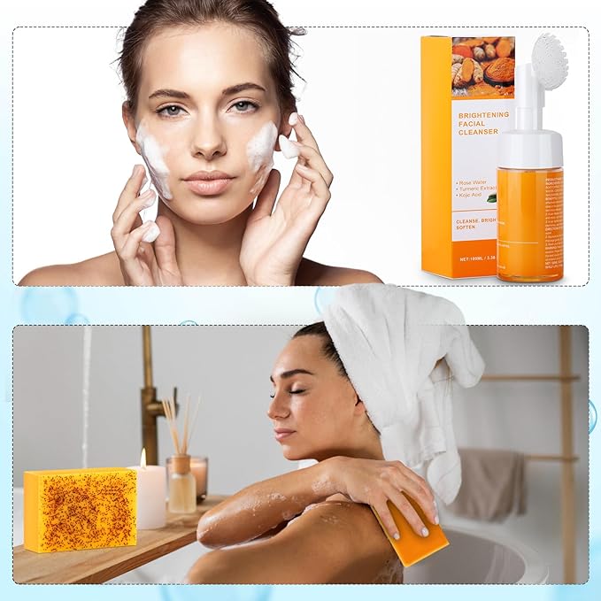 Kojic Acid Soap Set, Lemon Turmeric Kojic Acid Soap Bar & Tuemeric Facial Cleansing Mousse, Deep Cleansing for All Skin Types