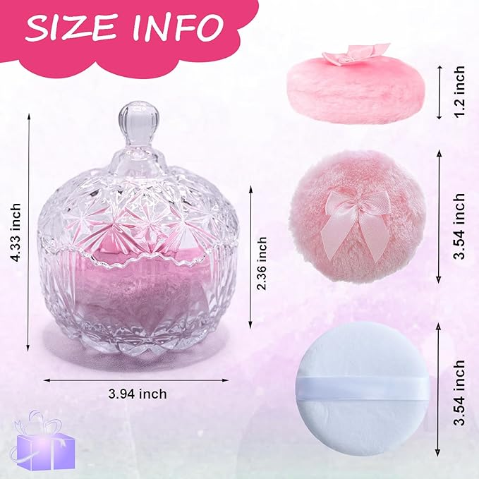 Qopoto 5 Pieces Large Body Powder Puff and Powder Container, Crystal Case for Dust Puff, Powder applicator with Box for Face and Body (Clear, Crown)