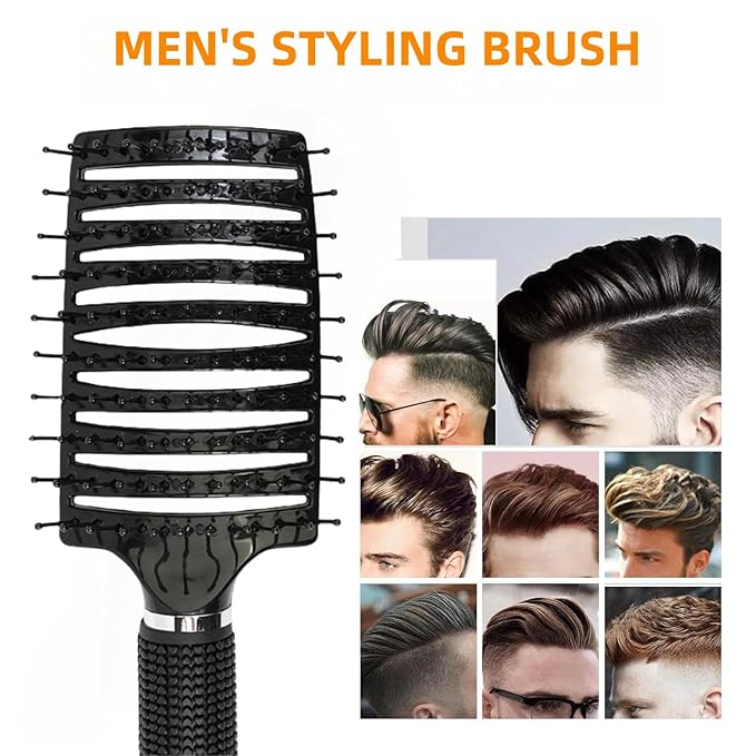 Professional Hair Brush, Curved Vented Design for Quick Blow Drying, Suitable for Women and Men, Paddle Detangling Brush for Wet & Dry, Curly, Thick & Straight Hair (Black-Nylon)