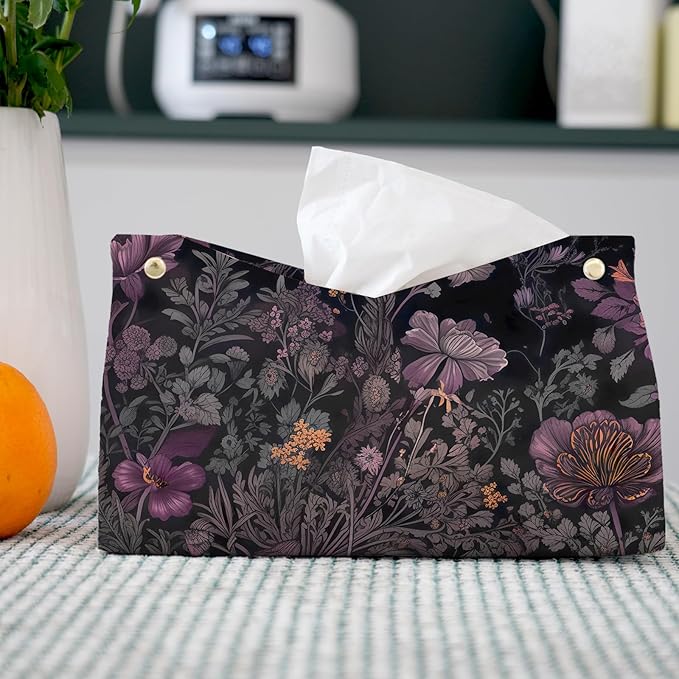 Black Floral Leather Tissue Box Cover Rectangle,Spring Flower Toilet Paper Box Holder,Cottagecore Decorative Facial Paper Case for Farmhouse Living Room Bathroom Kitchen Office,9.8x5.9x5.9