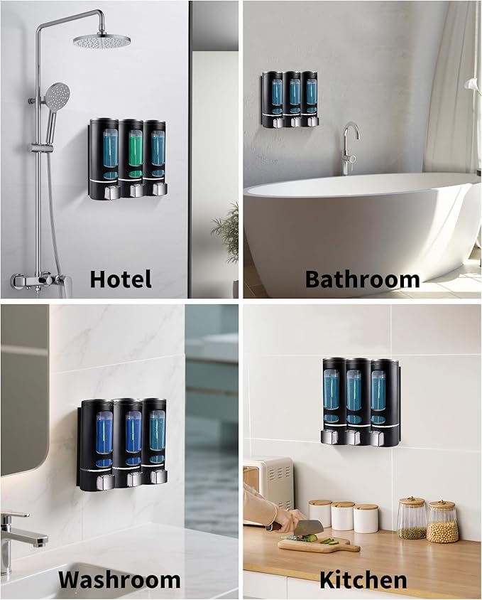 Shampoo and Conditioner Dispenser - 1200ML Wall-Mounted Shower Shampoo Dispenser 3 Chamber No Drill Body Wash Soap Dispenser for Shower, Bathroom, Hotel