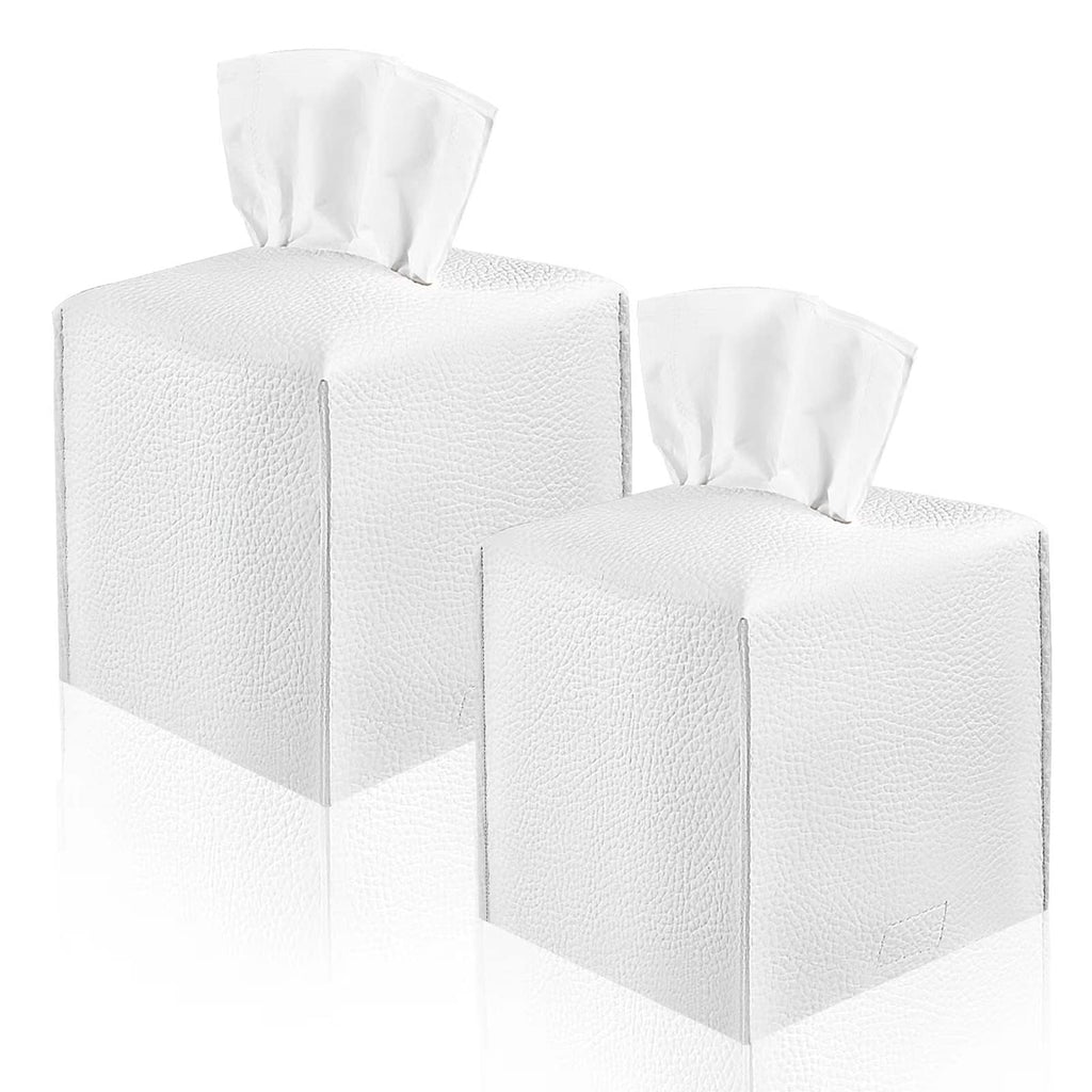 2 Pack, VIVIDLY Tissue Box Cover Holder, Square Modern PU Leather Tissue Box Holder, Can be Used for Bathroom Dressing Table, Bedside Table, Office Desk & Car 5"X5"X5"- (White, 2)