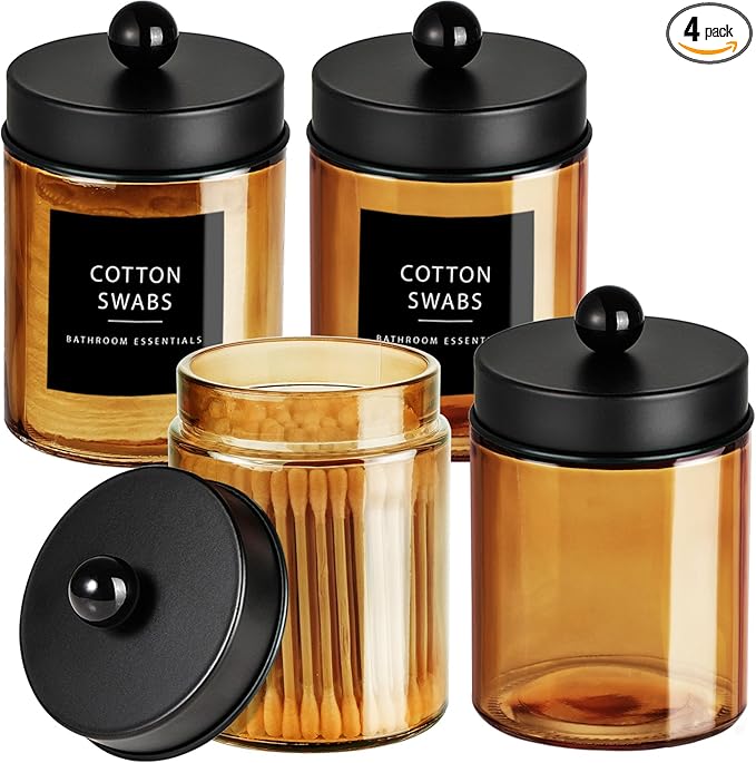Amolliar Green Glass Apothecary Jar, Qtip Holder Bathroom Decor Gold 4 Pack